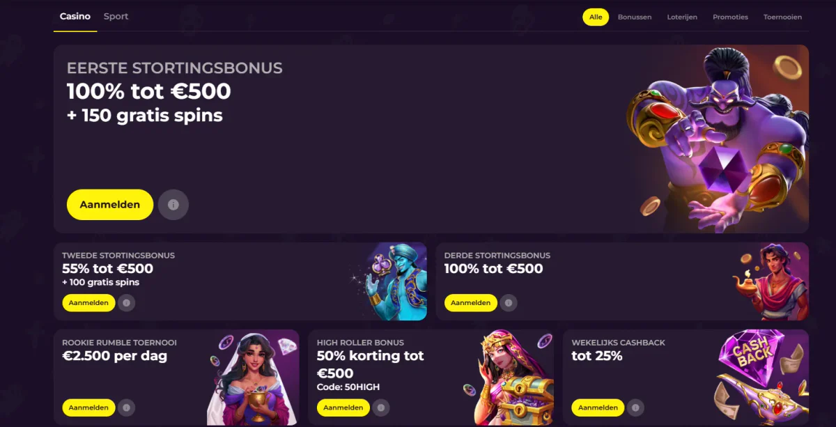 Overzicht van Zumospin-promoties met stortingsbonussen tot €500, gratis spins, een High Roller Bonus en wekelijkse cashback tot 25%